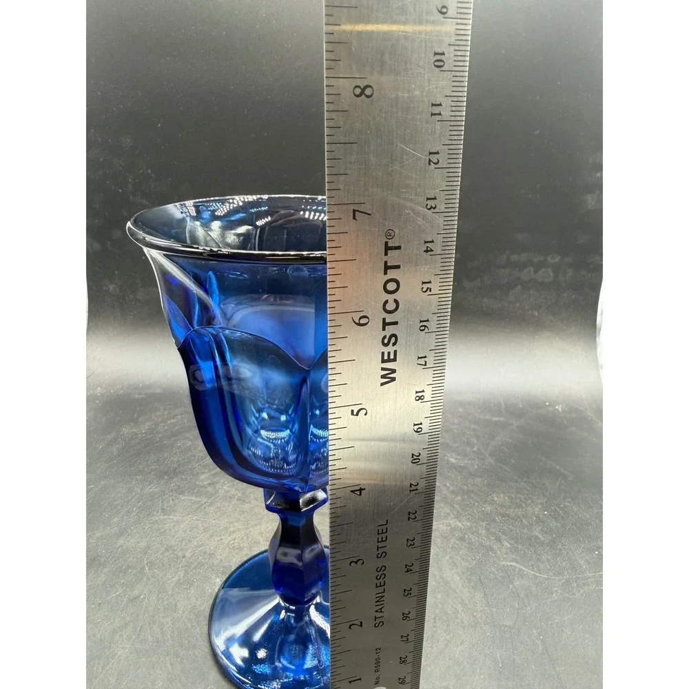 Vintage Cobalt Blue Glass Water Goblets Set of 4 Paneled Stemware 7 Inch